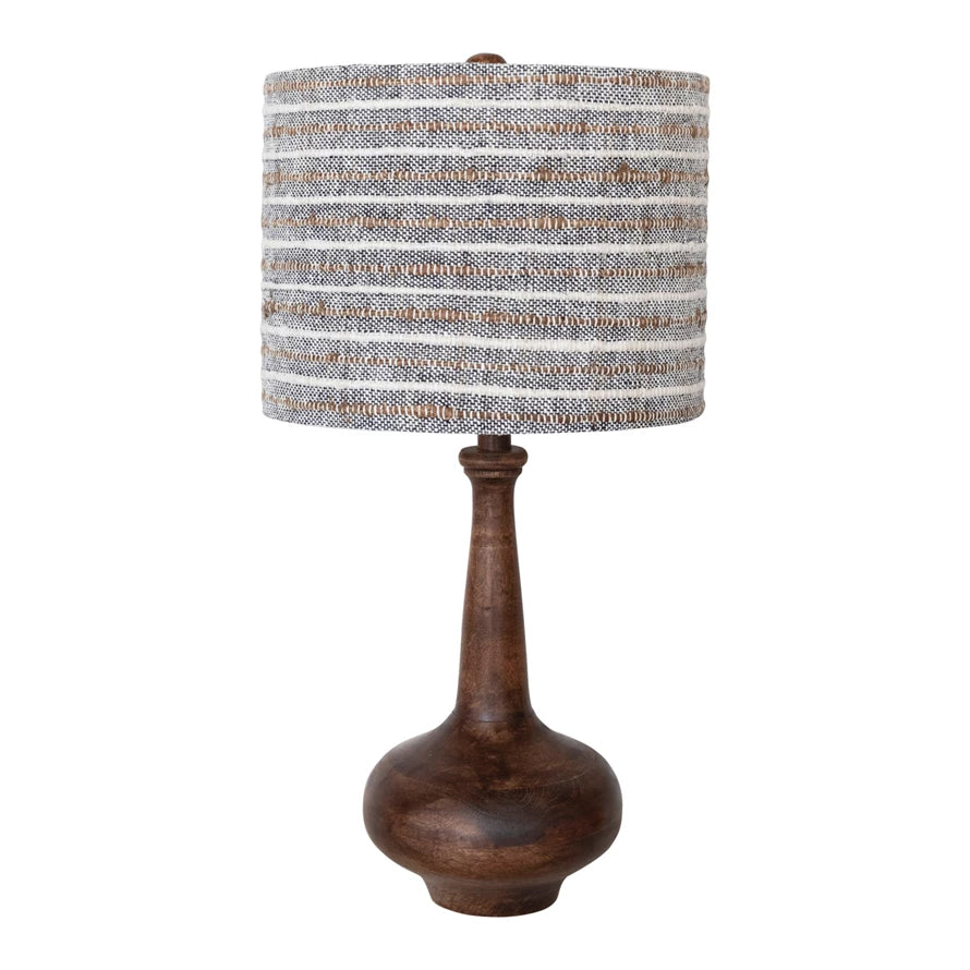 Mango Wood Table Lamp w/Woven Cotton &Linen Striped Shade