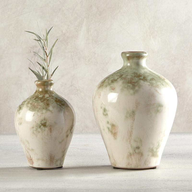 distressed vase with indoor plant Distressed Cream & Green Vase – Moss & Embers
