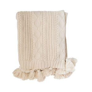 Natural Color Cotton Knit CableThrow w/ Tassels
