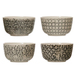 Black & Cream Hand-Stamped Stoneware Bowl w/ Embossed Pattern