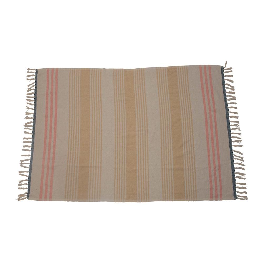 Multi Color Woven Recycled Cotton Blend Throw w/Stripes & Fringe