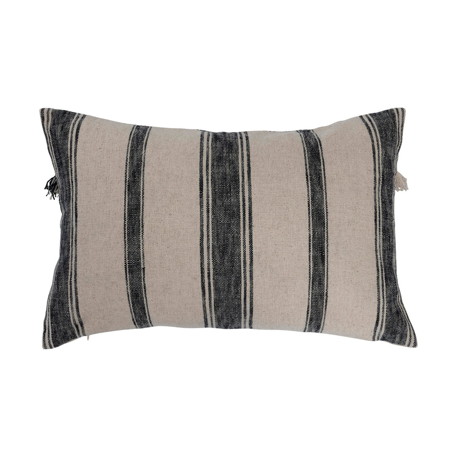 Black & Cream Woven Cotton Lumbar Pillow w/Stripes & Fringe
