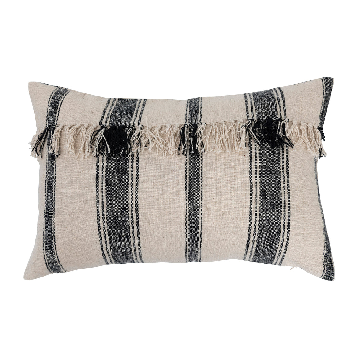 Black & Cream Woven Cotton Lumbar Pillow w/Stripes & Fringe