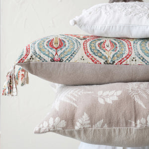 White Cotton Lumbar Pillow w/Embroidery & Pom Poms