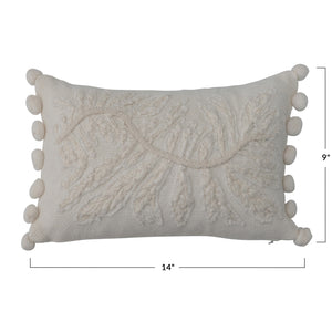 White Cotton Lumbar Pillow w/Embroidery & Pom Poms