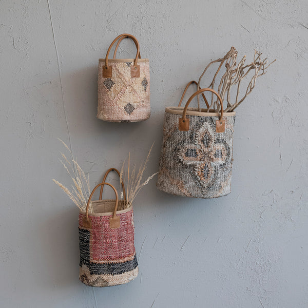 Jute & Cotton Kilim Basket w/Leather Handles - Moss & Embers Home