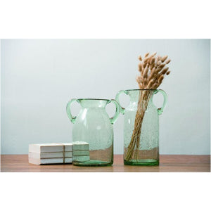 Clear Seeded Glass Double Handle Vase