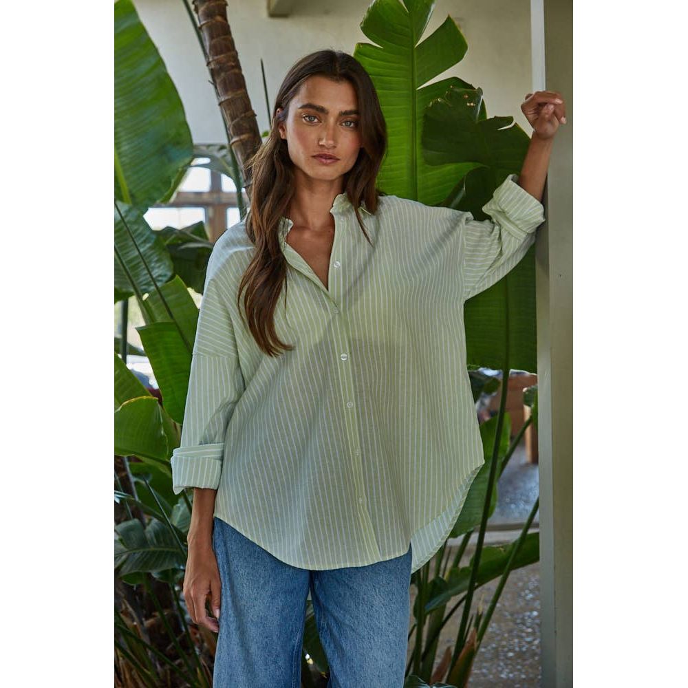 By Together - L8287 | Woven Cotton Polyester Striped Buttondown Shirt: Denim Blue / L