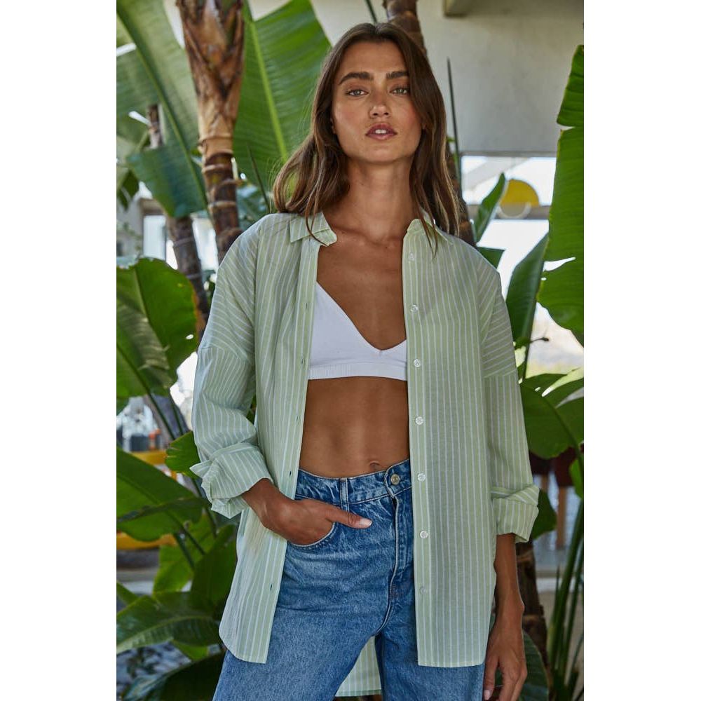 By Together - L8287 | Woven Cotton Polyester Striped Buttondown Shirt: Denim Blue / S