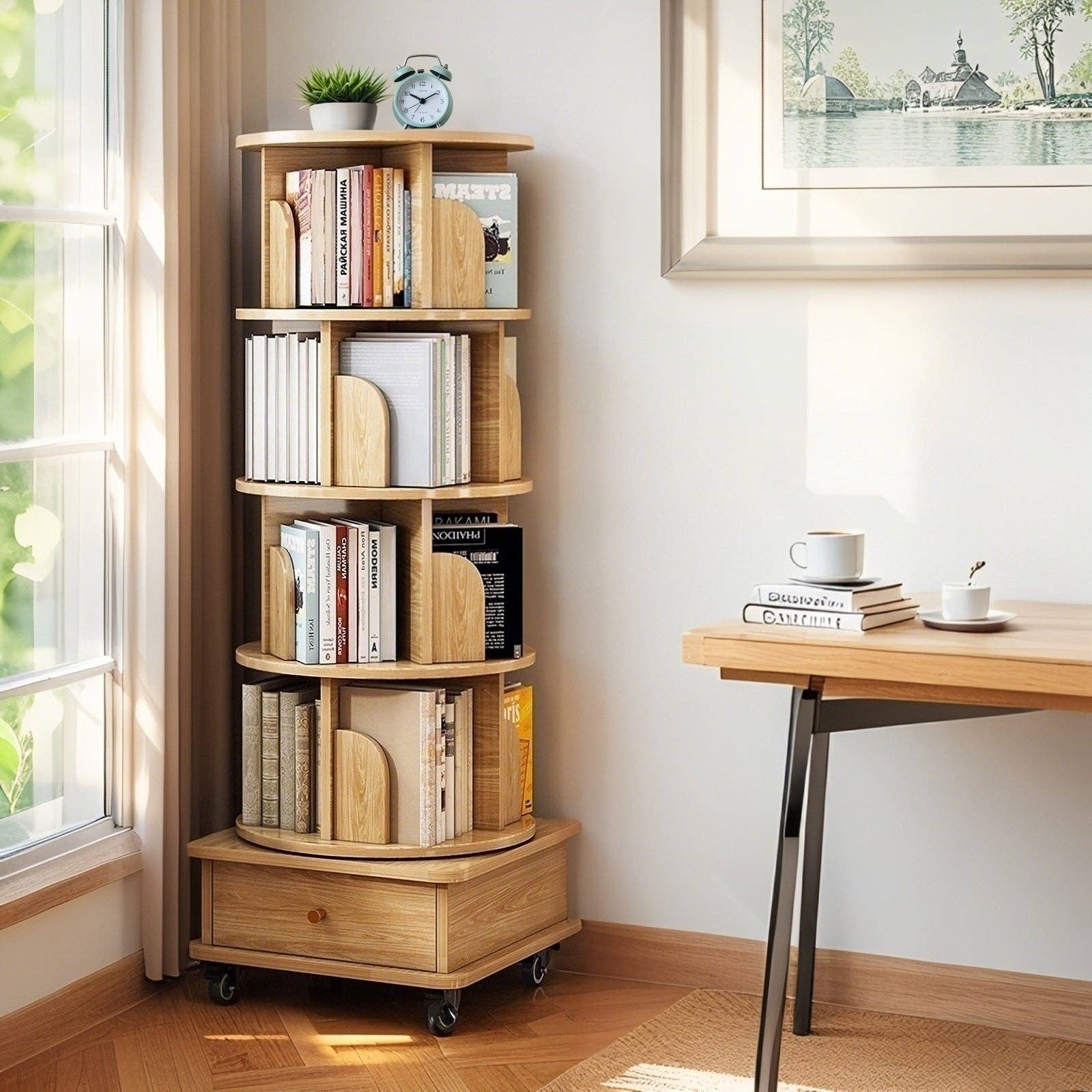 Rotating Bookshelf w/Drawer | 6 Tier