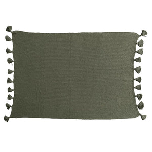 Cotton Knit Throw w/Tassels | Olive Green