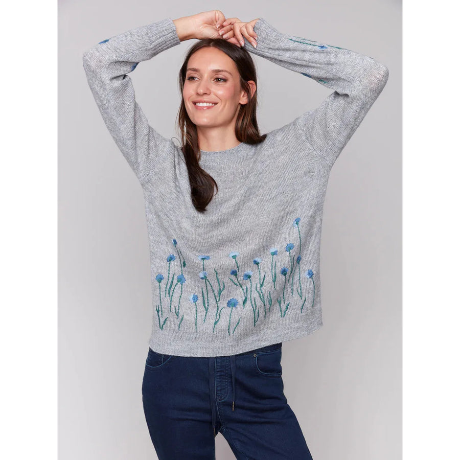 Sweater w/Embroidered Flowers | Grey