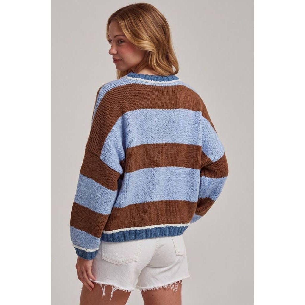 BON - WIDE STRIPE EVERYDAY COZY FALL SWEATER CARDIGAN_JLT00445-01: BLUE/BROWN / S-M-L(2-2-2)