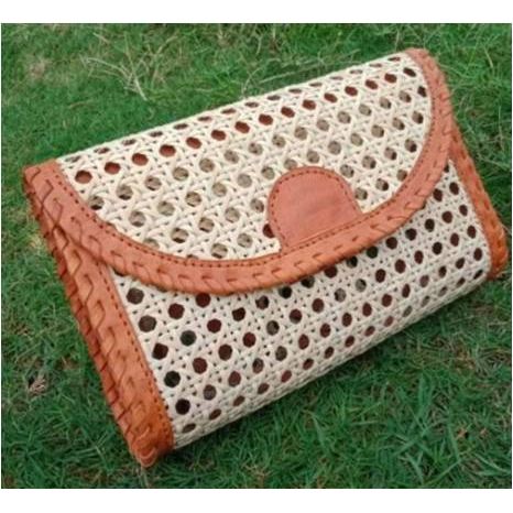 Rattan Clutch w/Leather Trim and Crossbody Strap