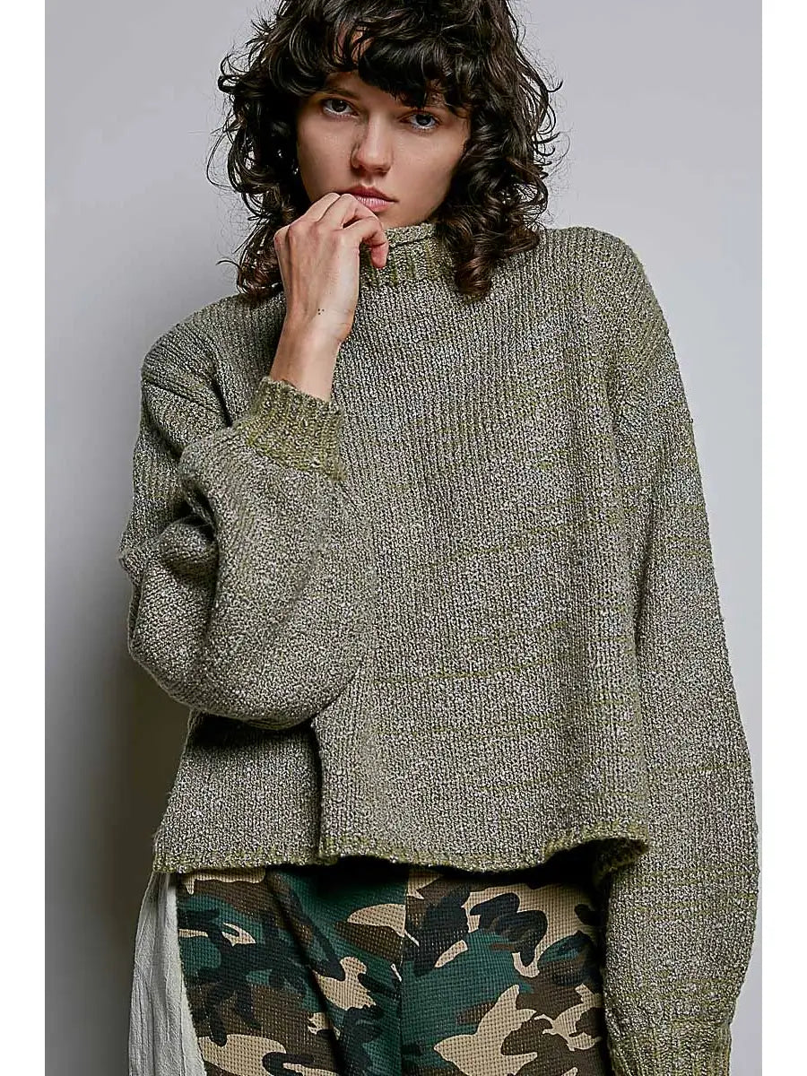 High-Neck Balloon Sleeve Rolling Edge Sweater