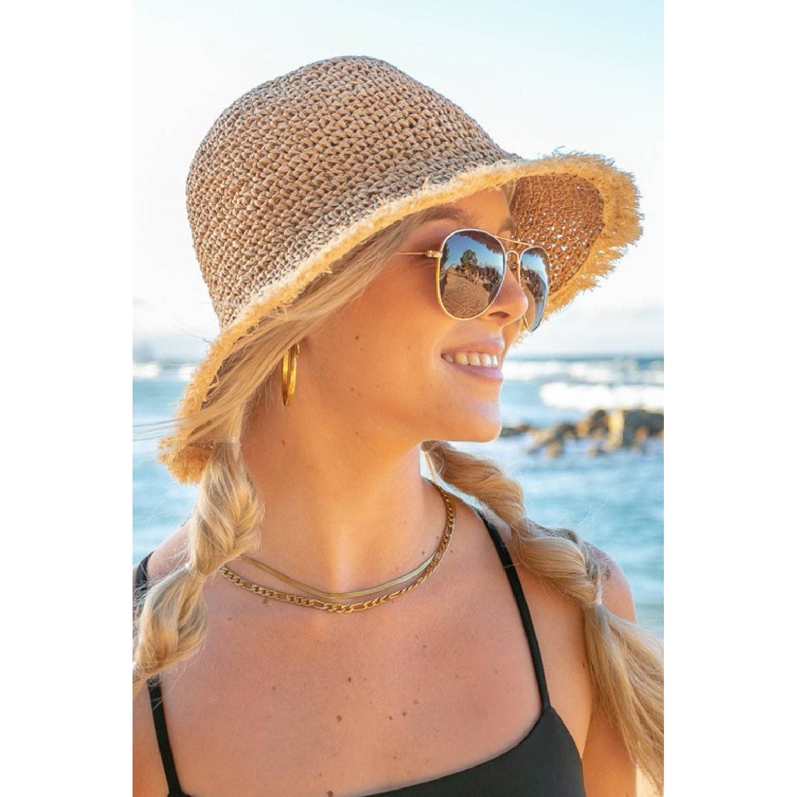 Frayed Edge Foldable Straw Bucket Hat Beige Moss Embers Home