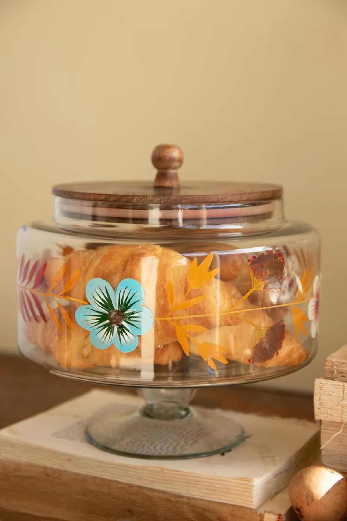 S/2 Hand-Pained Floral Footed Glass Canisters