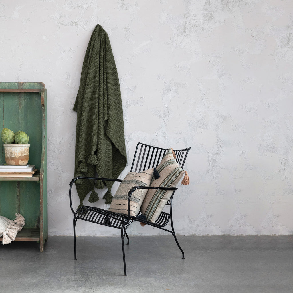 Cotton Knit Throw w/Tassels | Olive Green