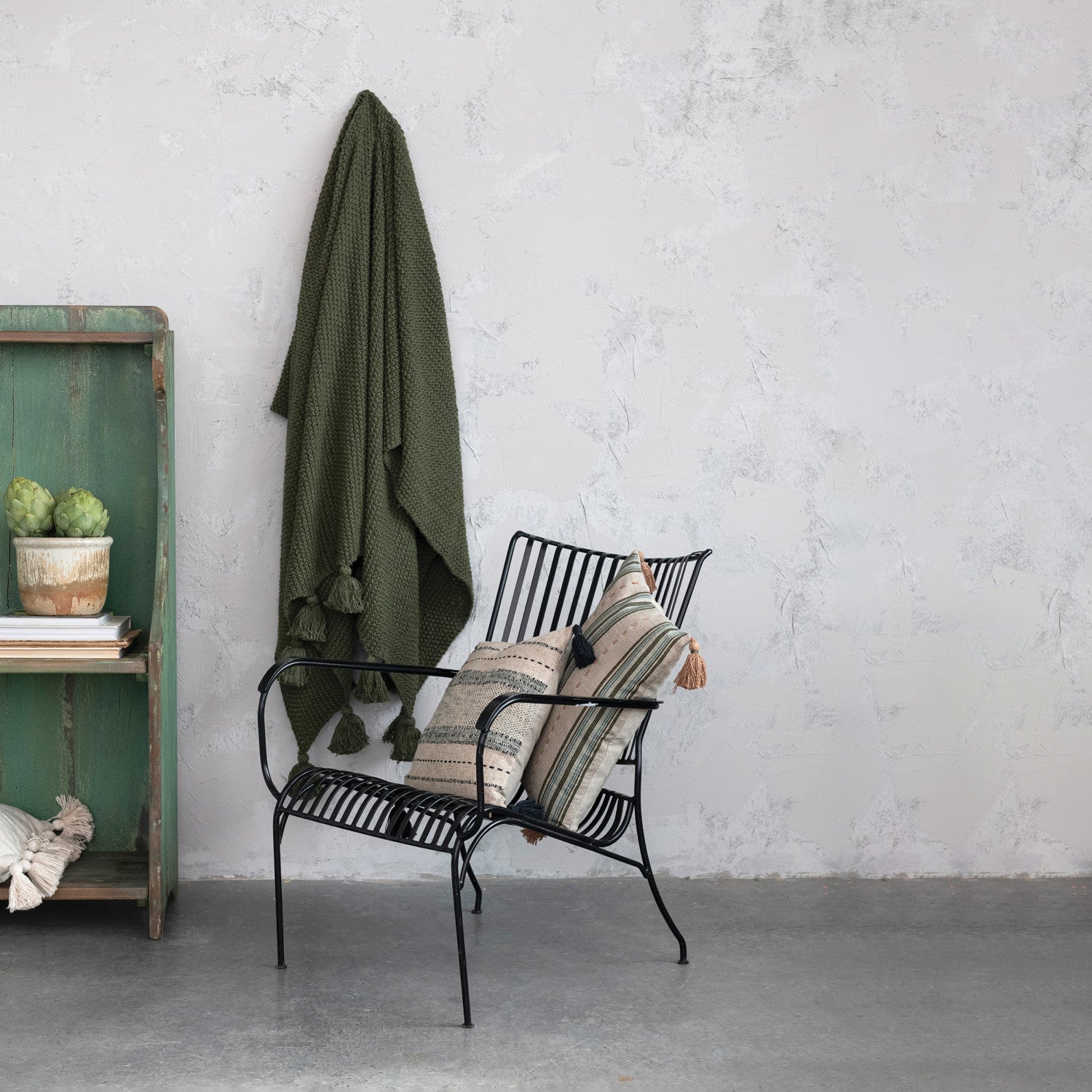 Cotton Knit Throw w/Tassels | Olive Green