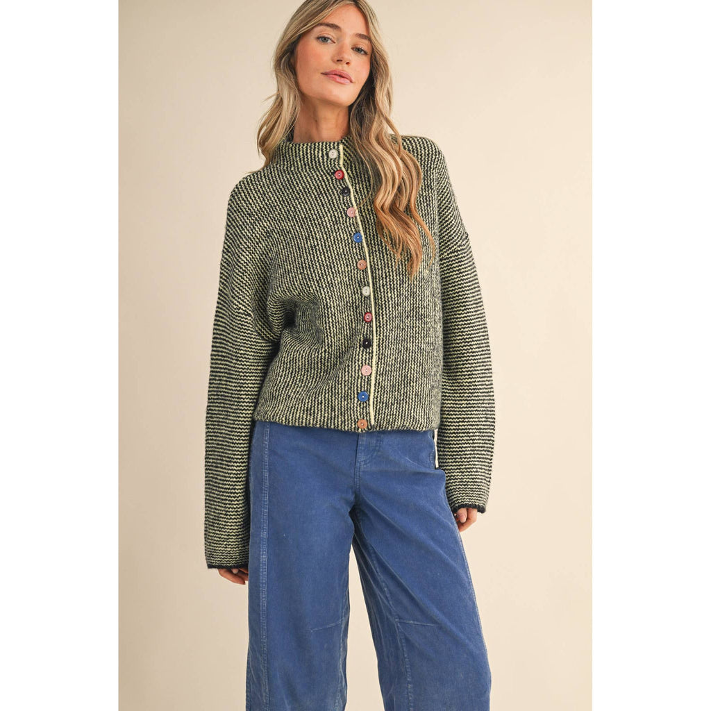 &MERCI - STRIPED SWEATER CARDIGAN WITH COLORFUL BUTTONS MSW11250: IVORY RED / S