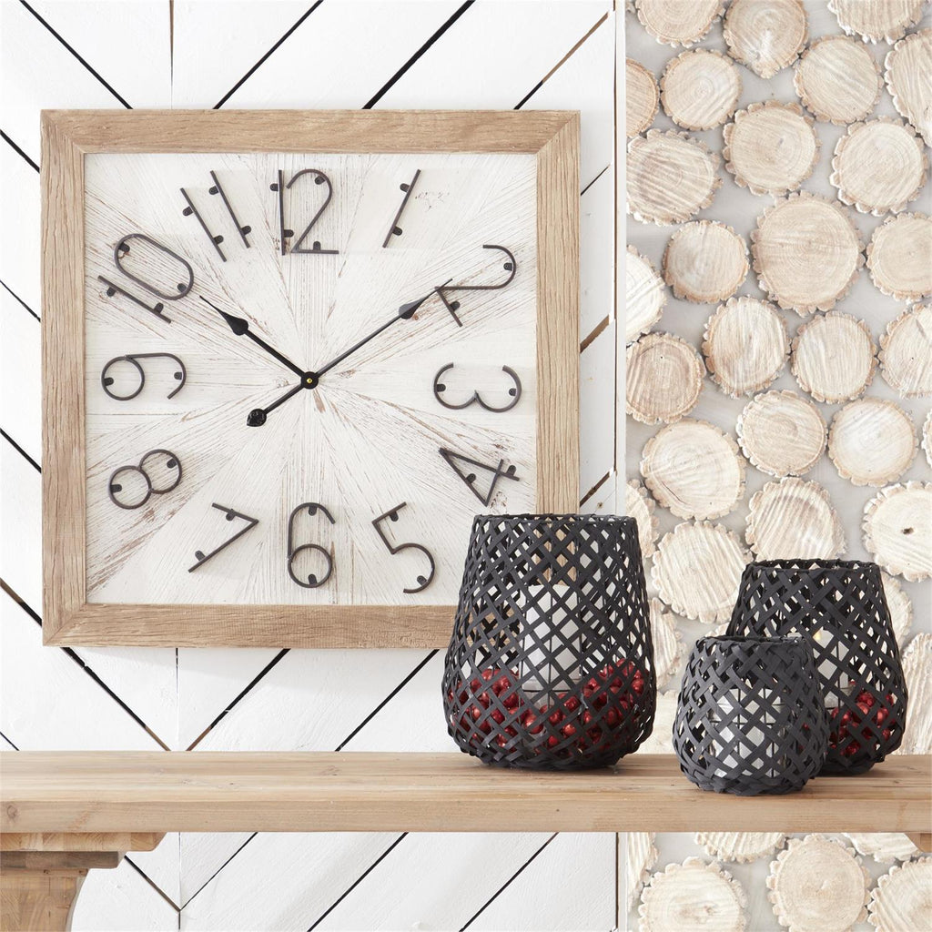 Black Woven Wood Table Lanterns w/Glass Hurricanes