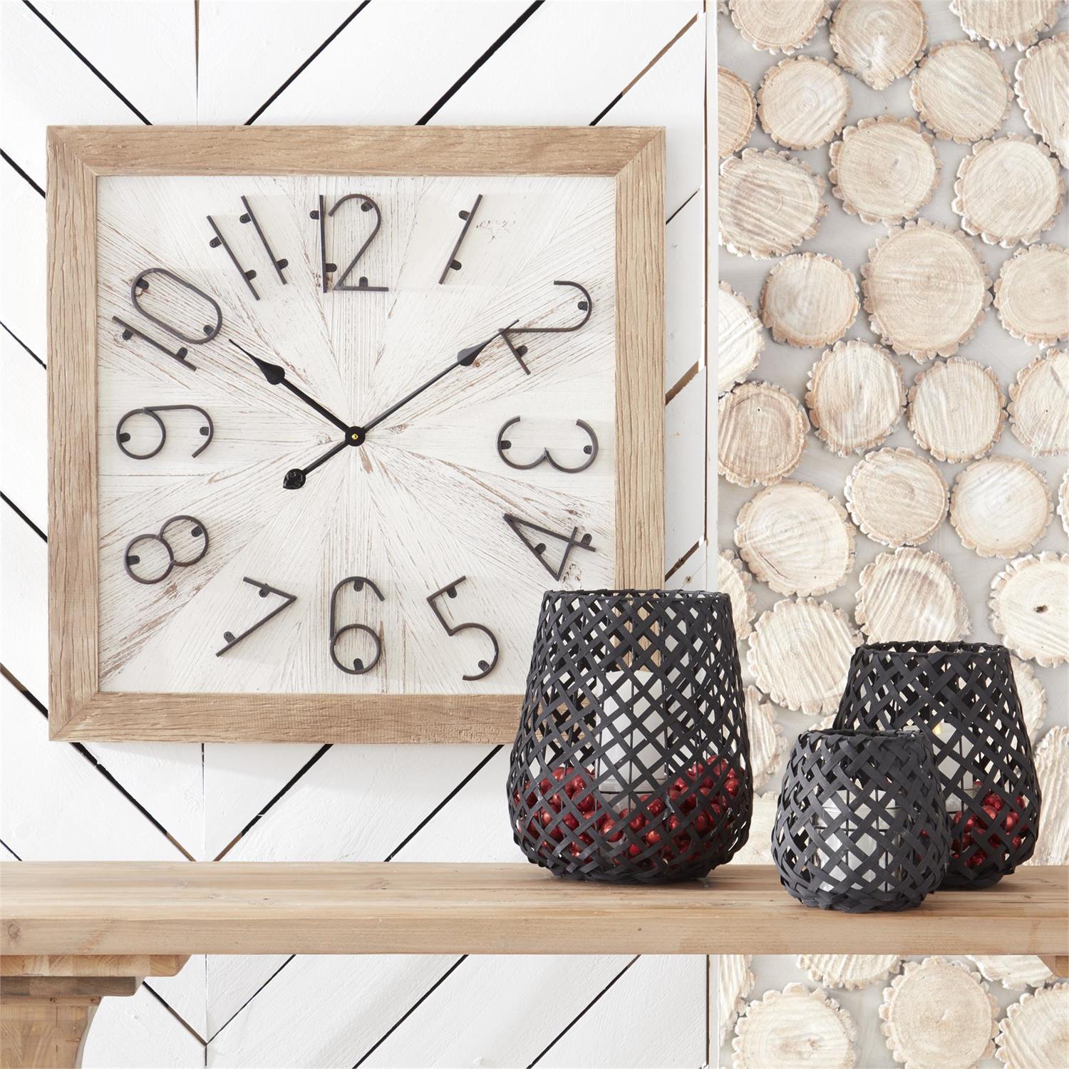 Black Woven Wood Table Lanterns w/Glass Hurricanes