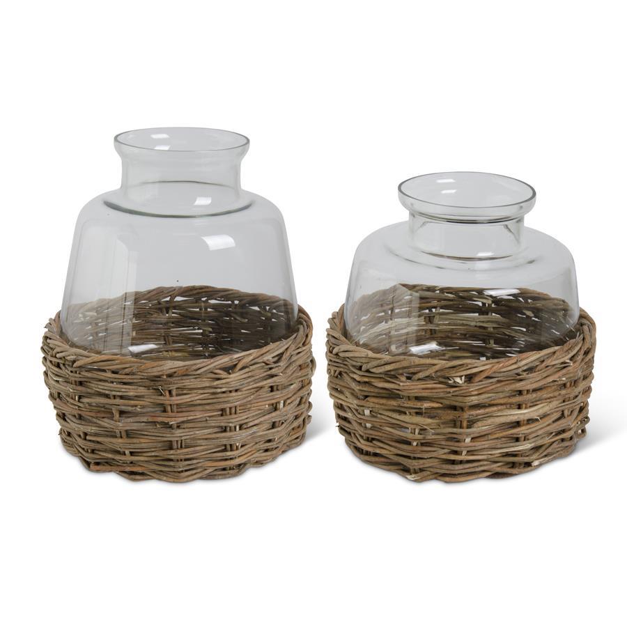 Glass Vase w/Woven Rattan Basket
