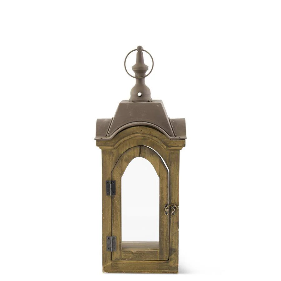 Wood & Rusty Metal Lantern w/Finial Top