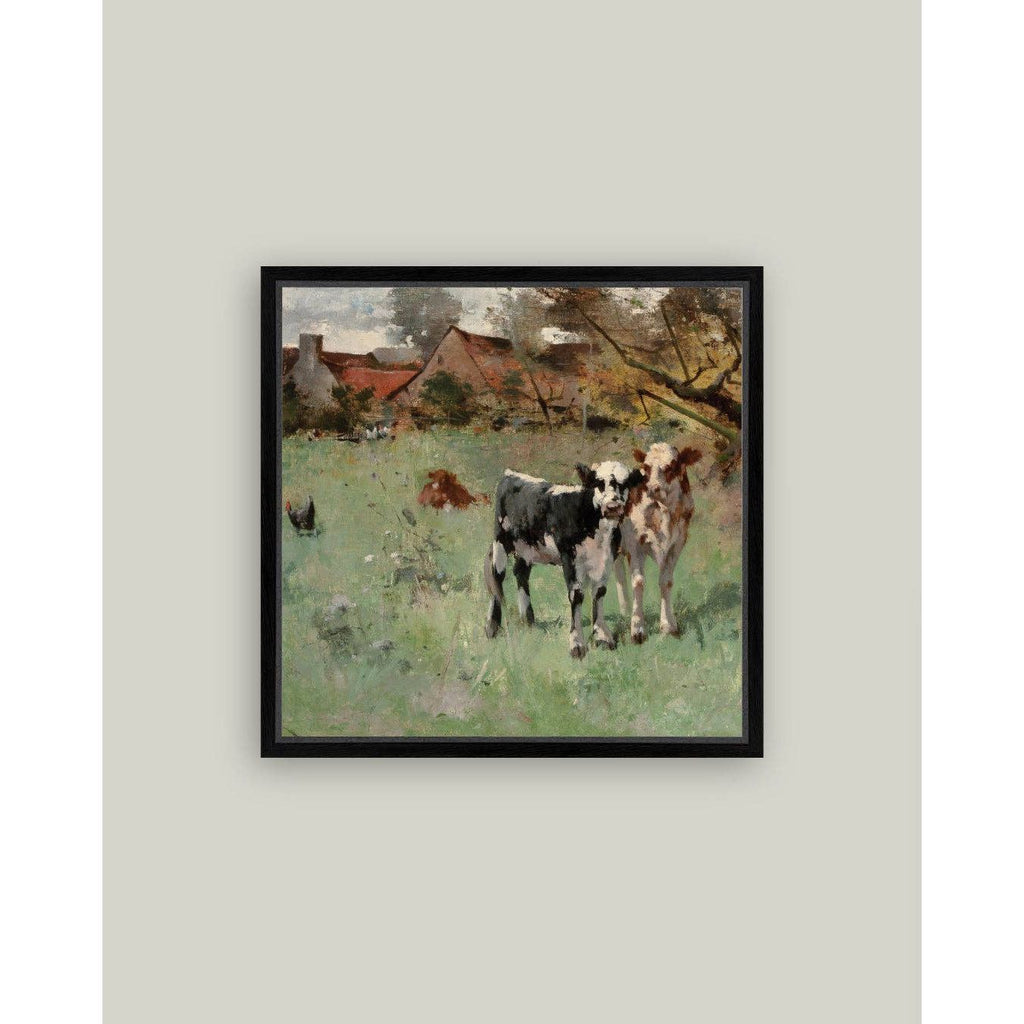 Framed Antique Art | Two Cows in a Pasture - 8x8