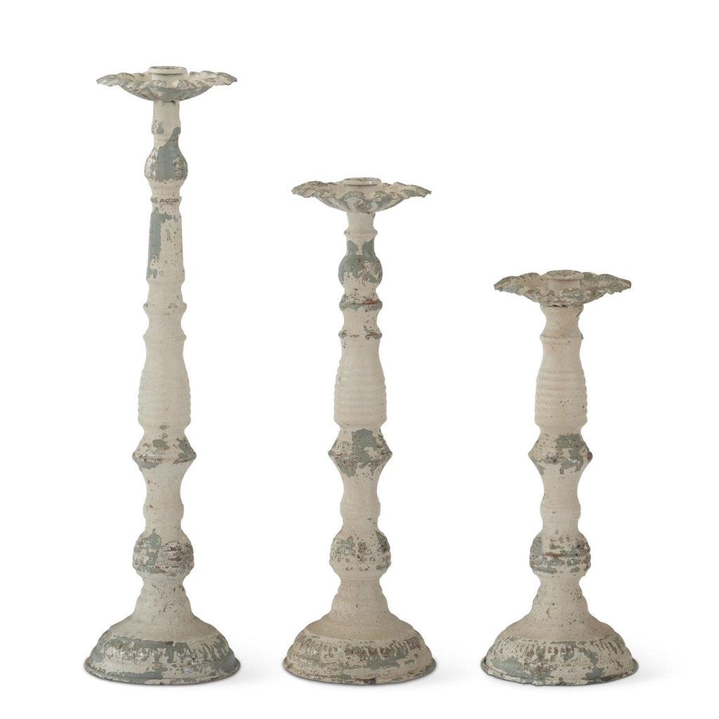 S/3 Weathered Cream w/Blue & Silver Metal Taper Candleholders