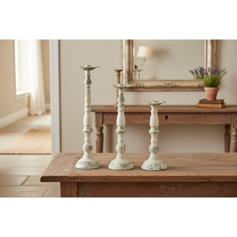 S/3 Weathered Cream w/Blue & Silver Metal Taper Candleholders