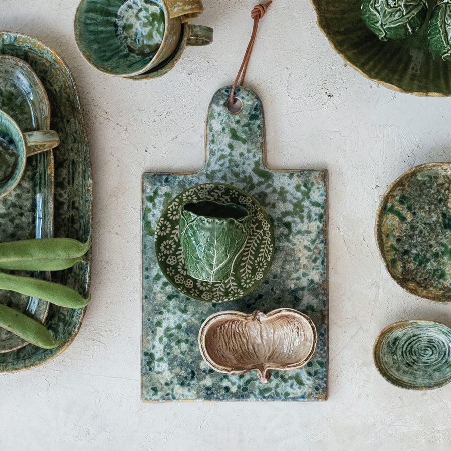 Stoneware Cheese/Cutting Board w/ Leather Tie | Crackle Green