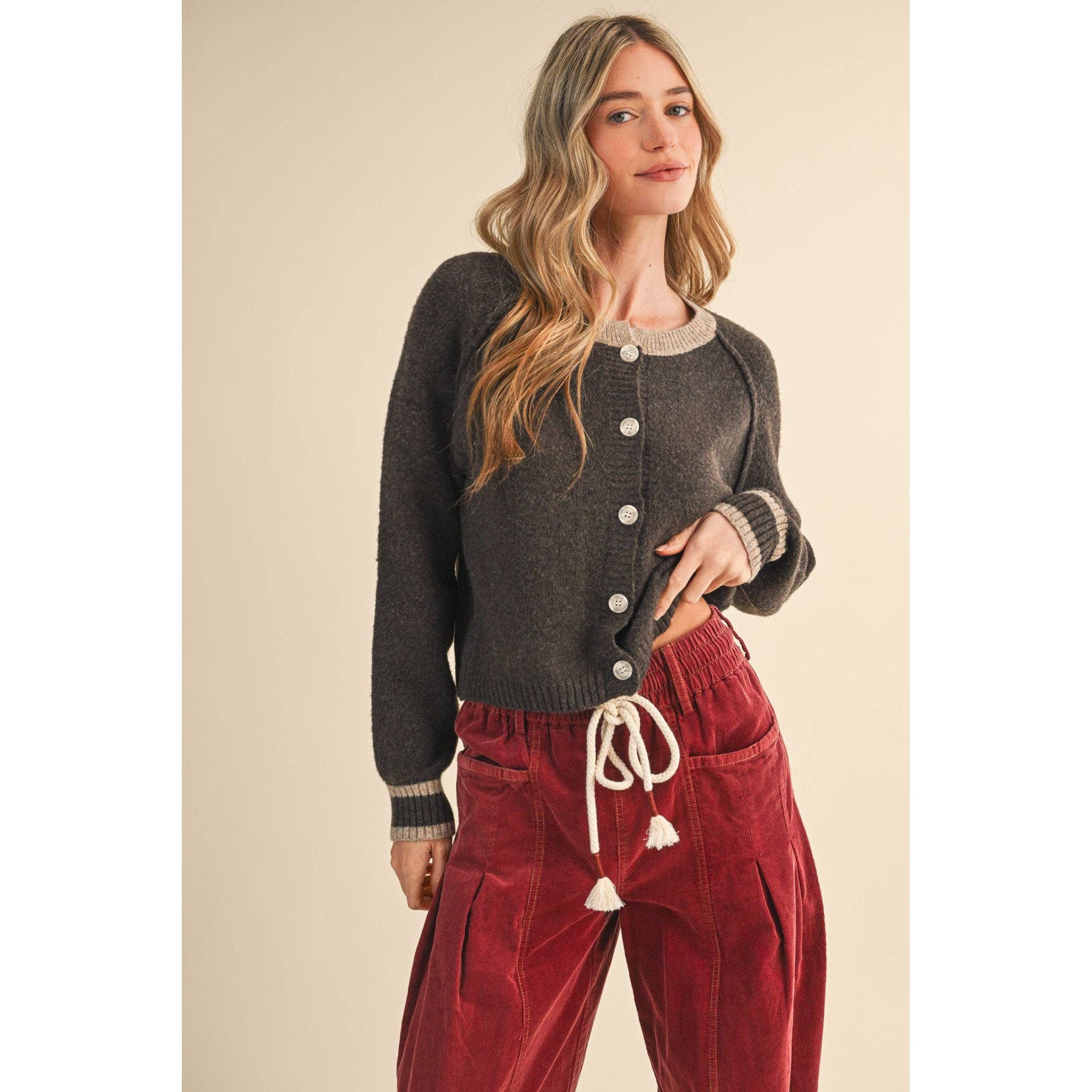 &MERCI - TWO TONE SWEATER CARDIGAN MSW11246: CHOCOLATE BROWN / S