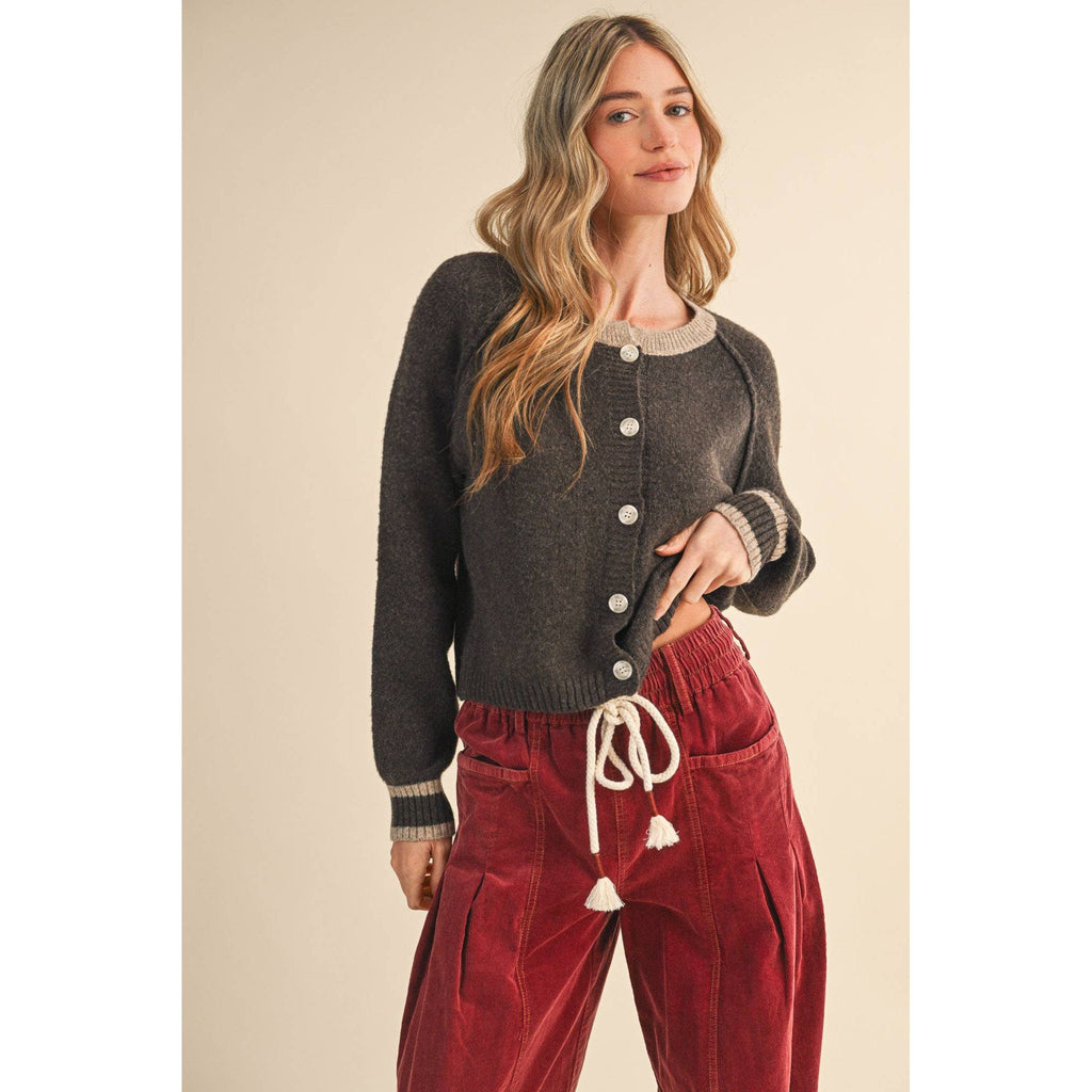 &MERCI - TWO TONE SWEATER CARDIGAN MSW11246: CHOCOLATE BROWN / M