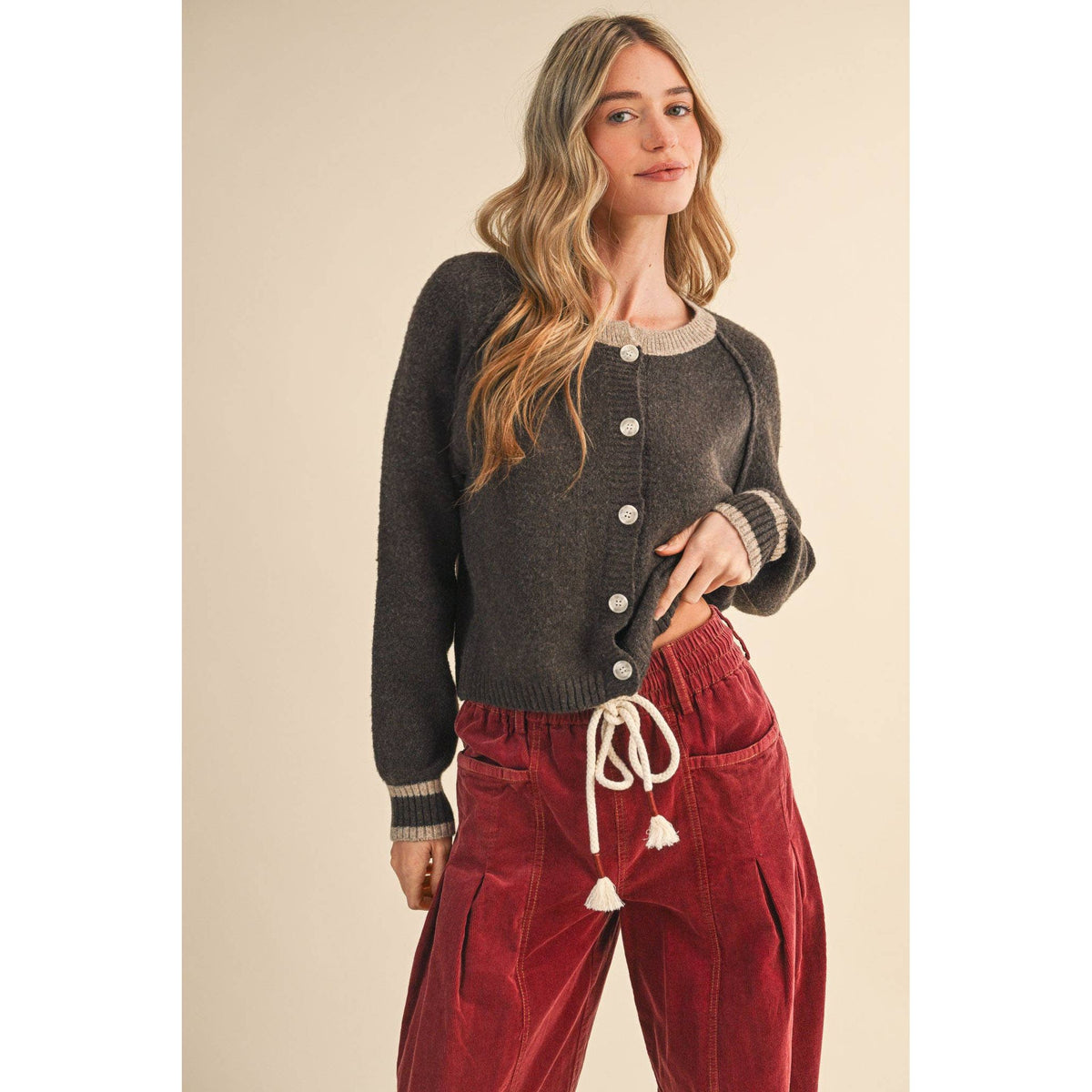 &MERCI - TWO TONE SWEATER CARDIGAN MSW11246: CHOCOLATE BROWN / M