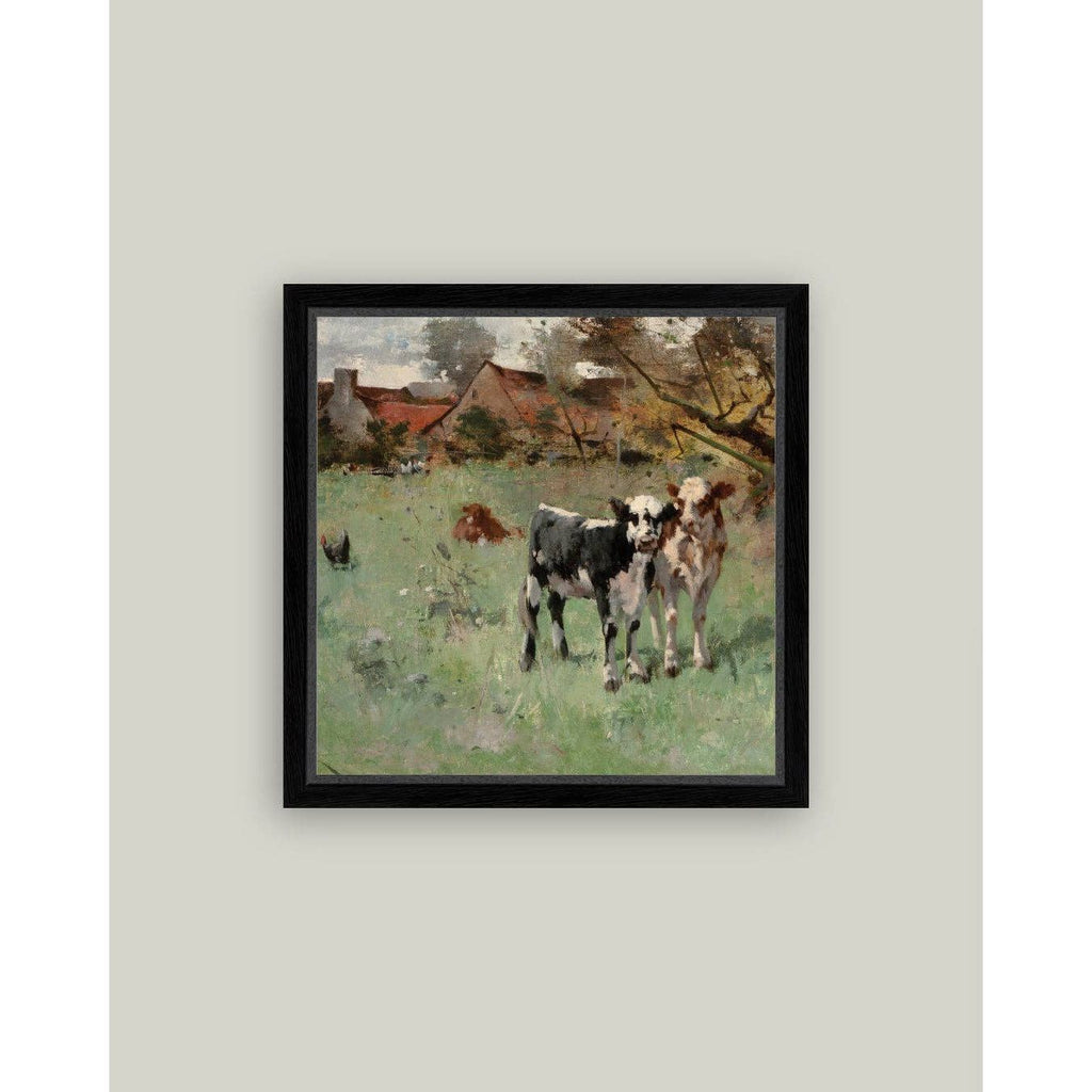 Framed Antique Art | Two Cows in a Pasture - 8x8