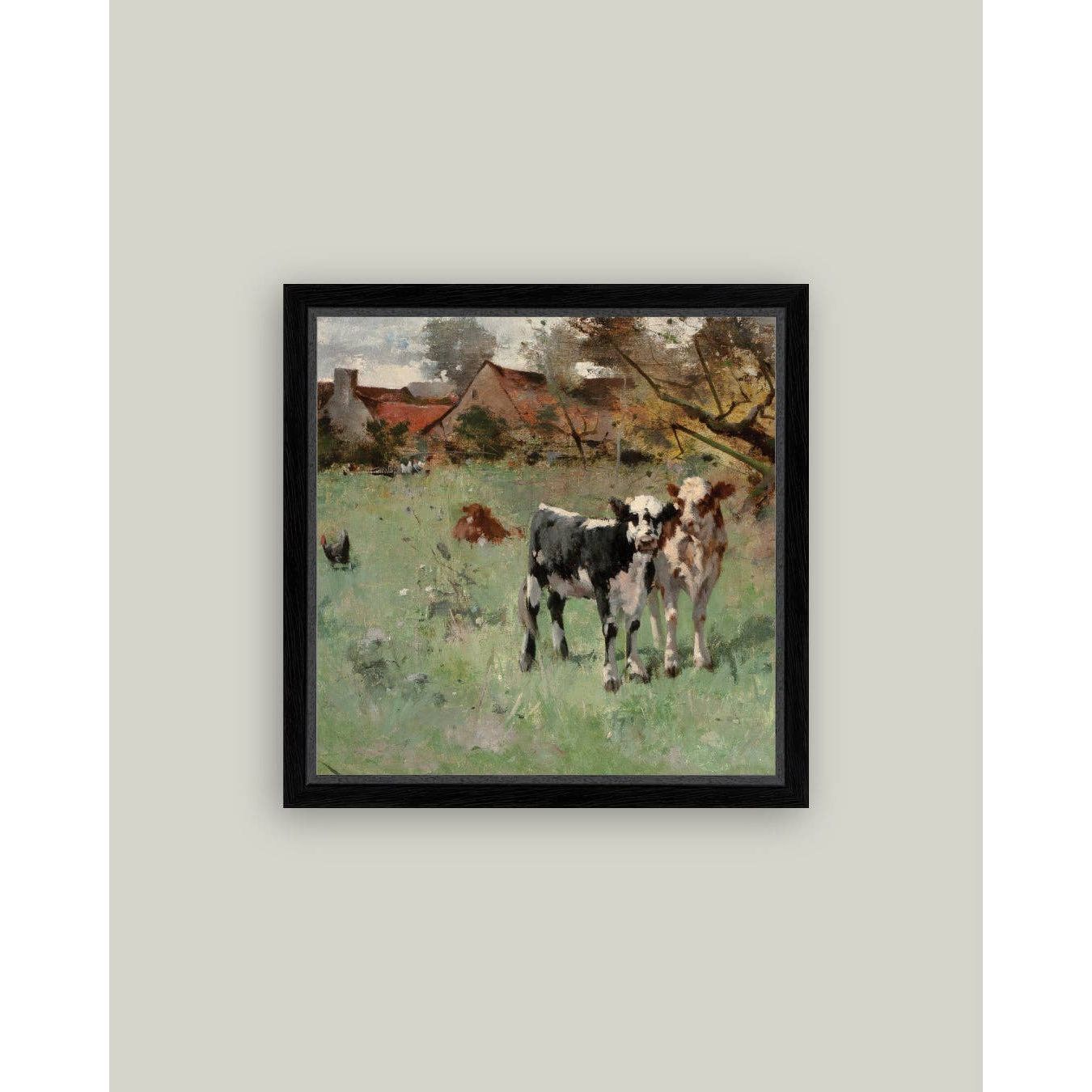 Framed Antique Art | Two Cows in a Pasture - 8x8