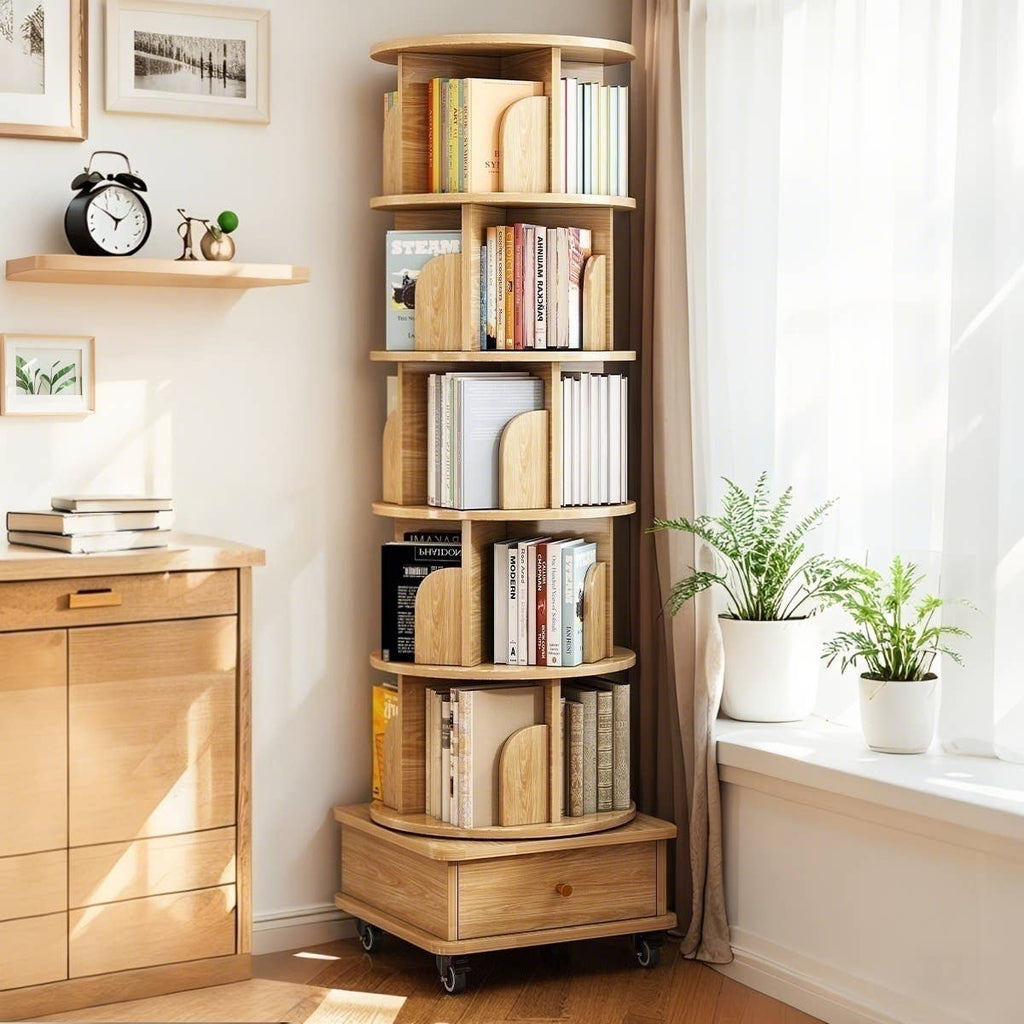 Rotating Bookshelf w/Drawer | 6 Tier