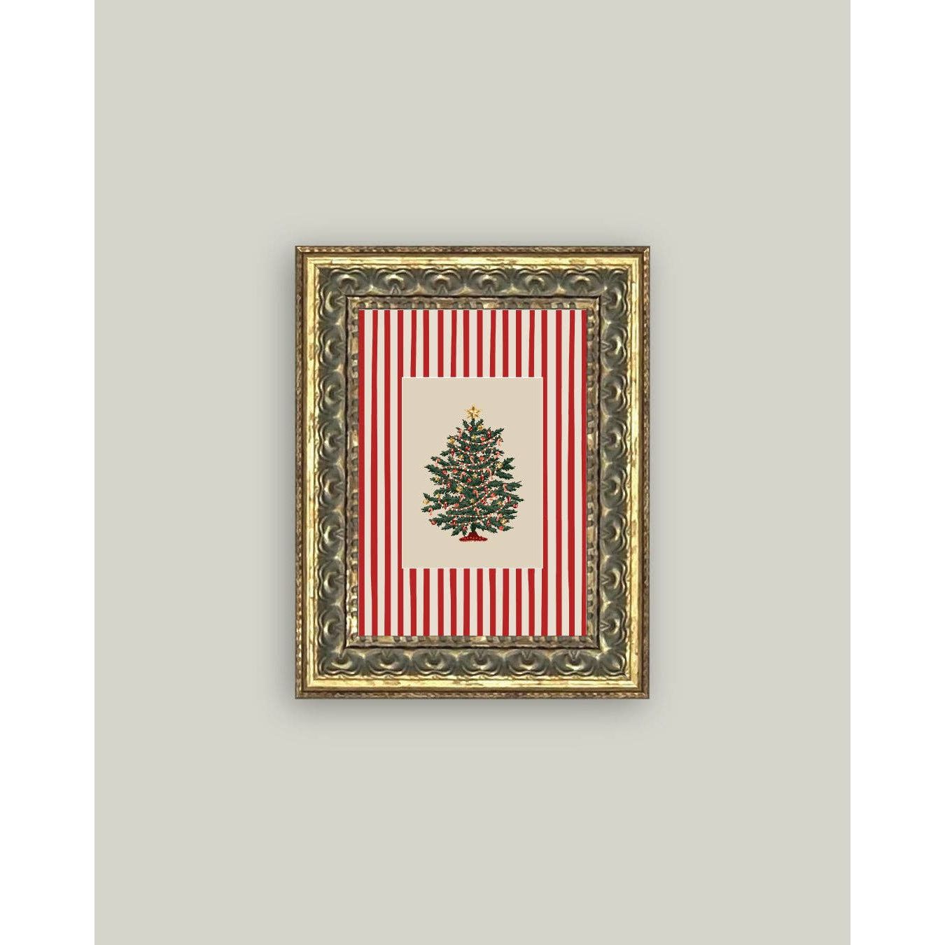 Peppermint Stripe Tree Framed Antique Art | 5x7