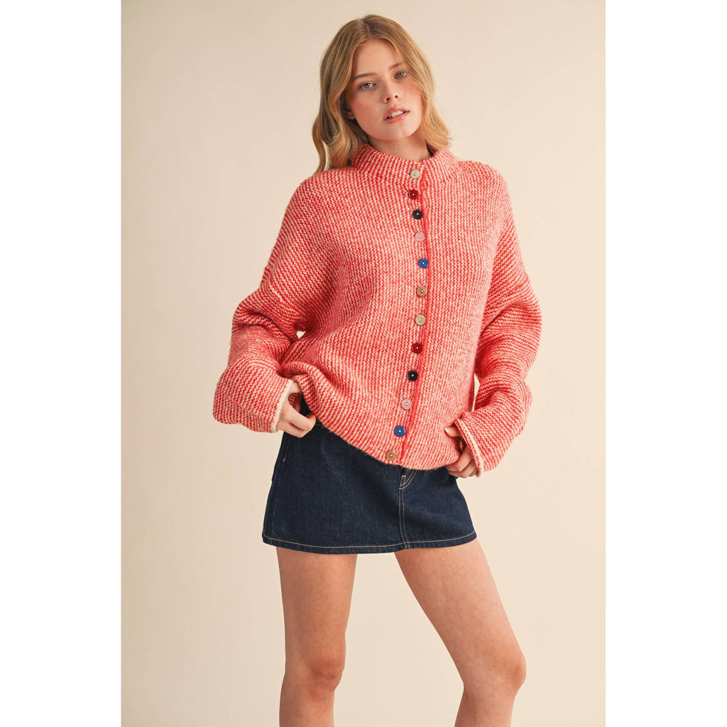 &MERCI - STRIPED SWEATER CARDIGAN WITH COLORFUL BUTTONS MSW11250: IVORY RED / L