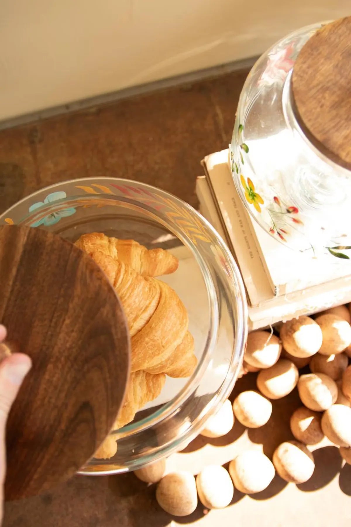 S/2 Hand-Pained Floral Footed Glass Canisters
