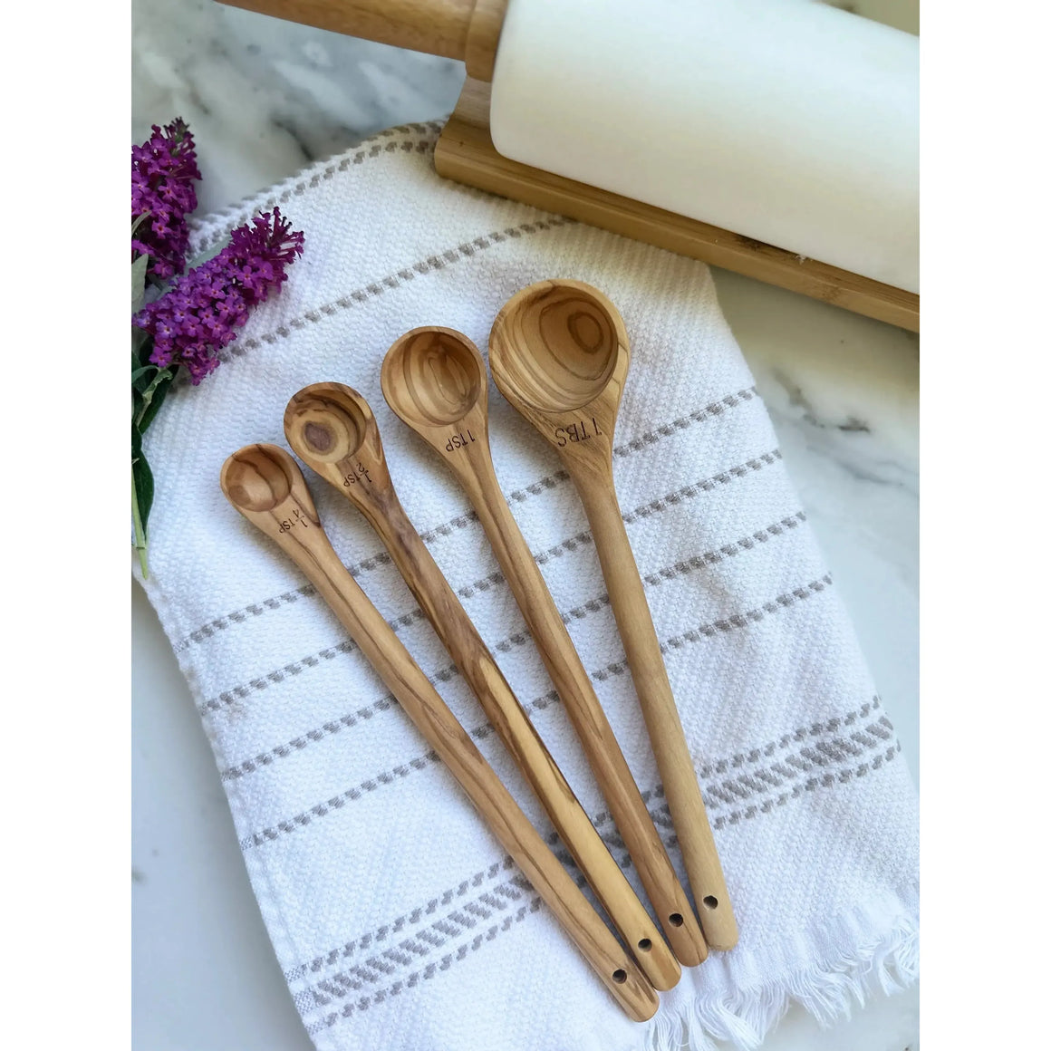 S/4 Handcrafted Olive Wood Long Handle Measuring Spoons