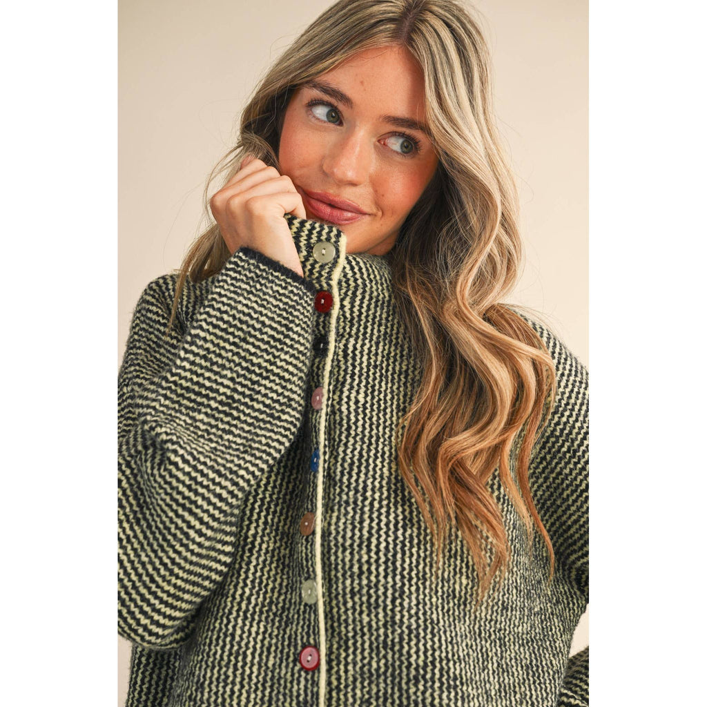 &MERCI - STRIPED SWEATER CARDIGAN WITH COLORFUL BUTTONS MSW11250: BLACK LIME / M