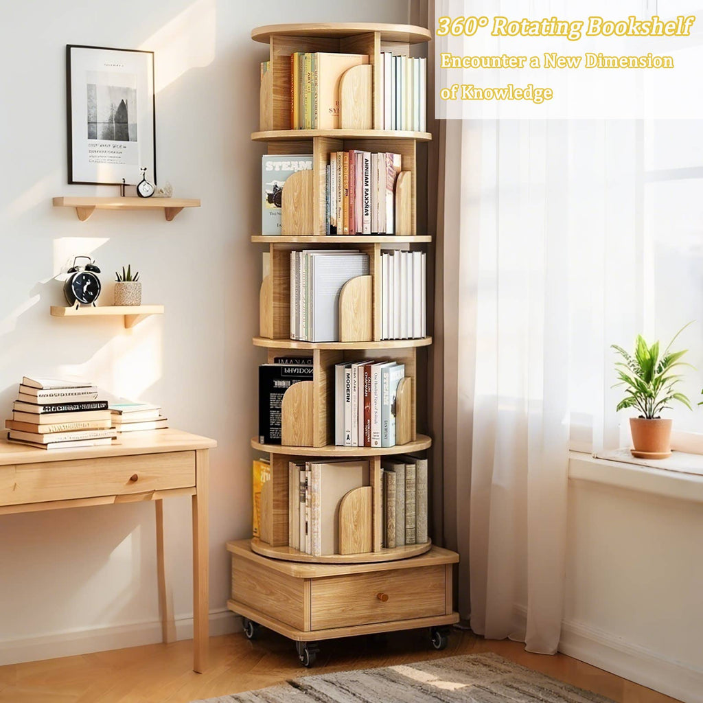Rotating Bookshelf w/Drawer | 6 Tier