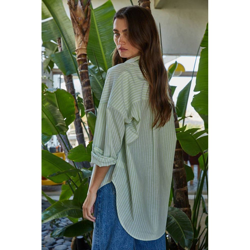 By Together - L8287 | Woven Cotton Polyester Striped Buttondown Shirt: Denim Blue / L