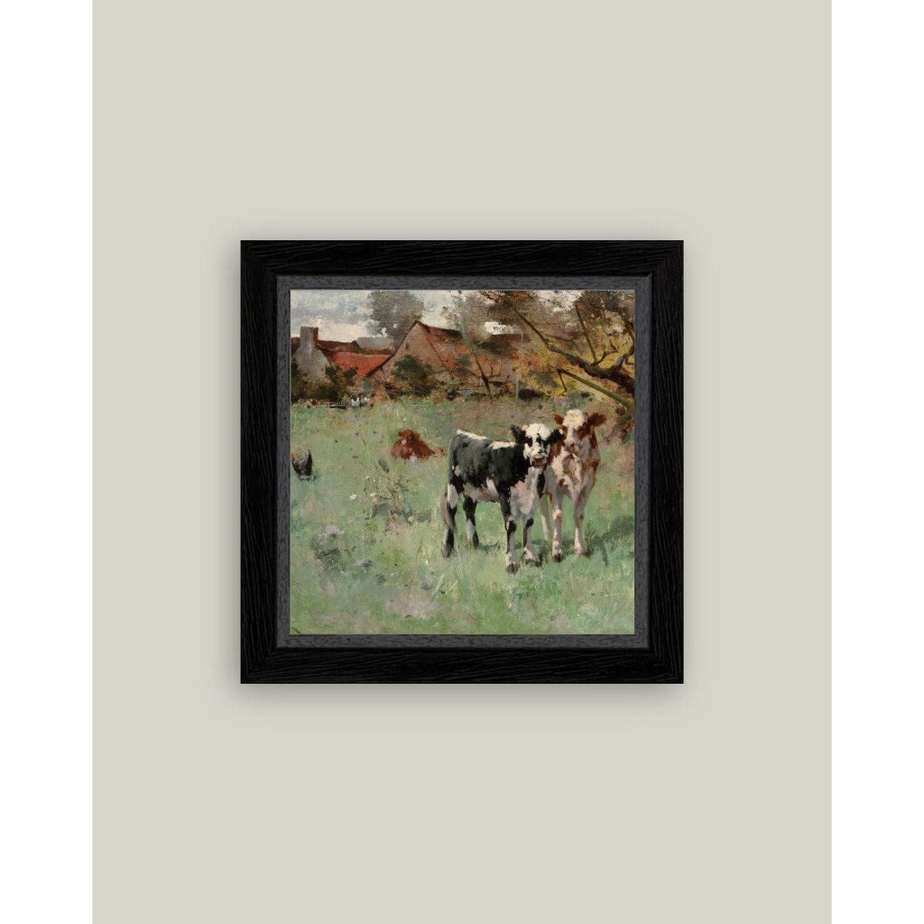 Framed Antique Art | Two Cows in a Pasture - 8x8