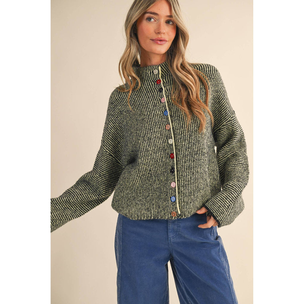 &MERCI - STRIPED SWEATER CARDIGAN WITH COLORFUL BUTTONS MSW11250: BLACK LIME / M
