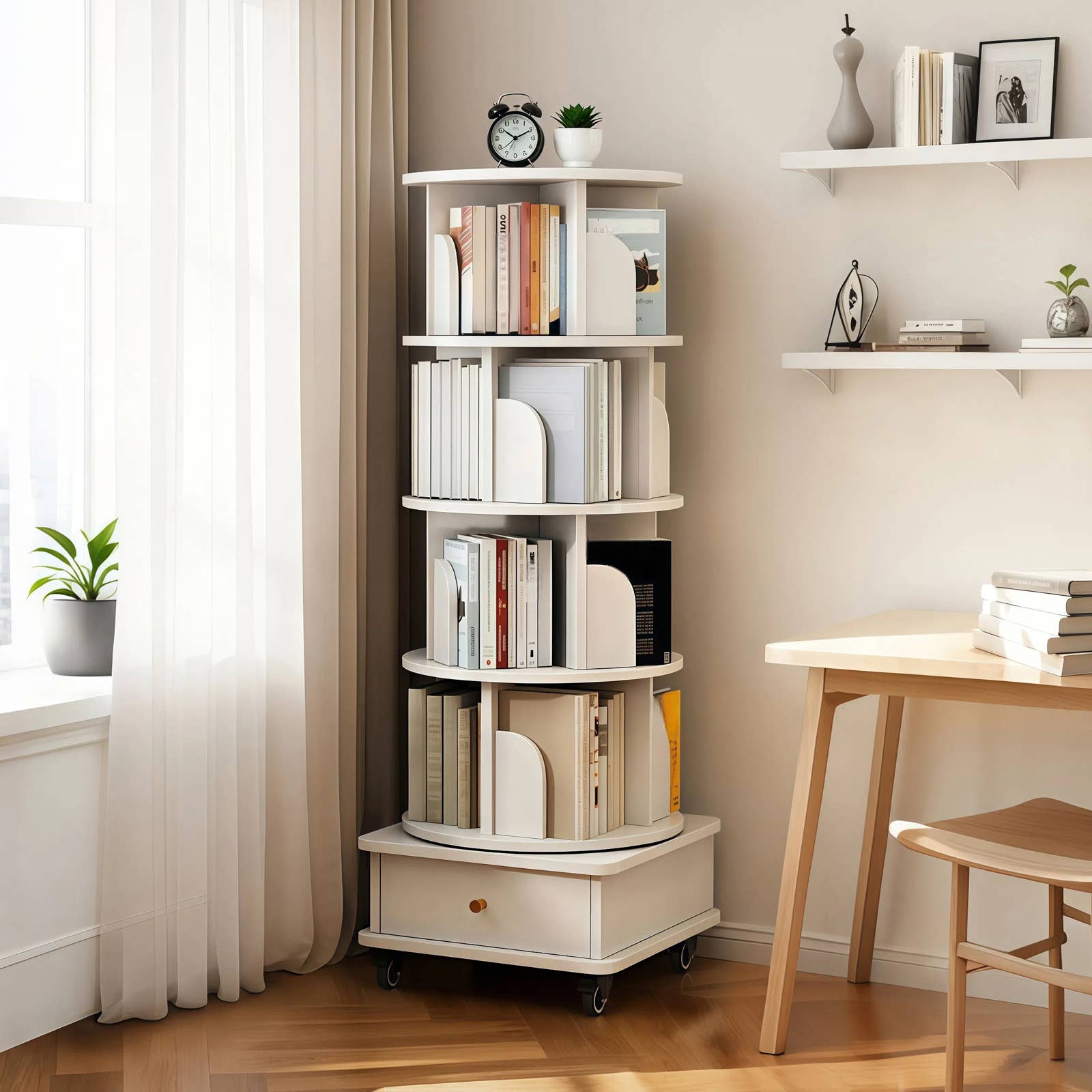 Rotating Bookshelf w/Drawer | 6 Tier