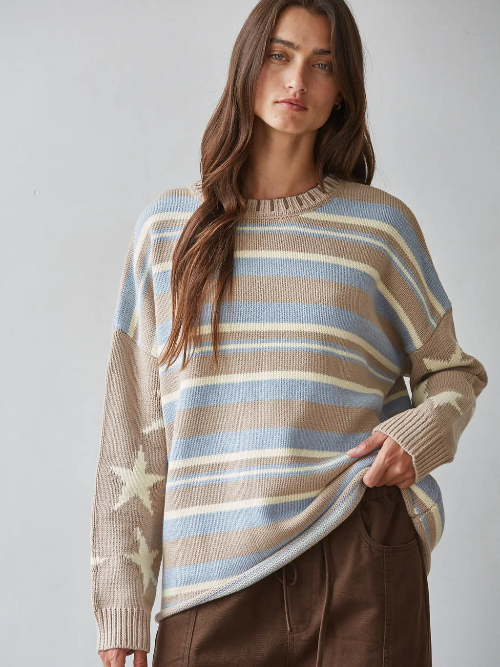 Knit Sweater Striped Pullover with Star Detail