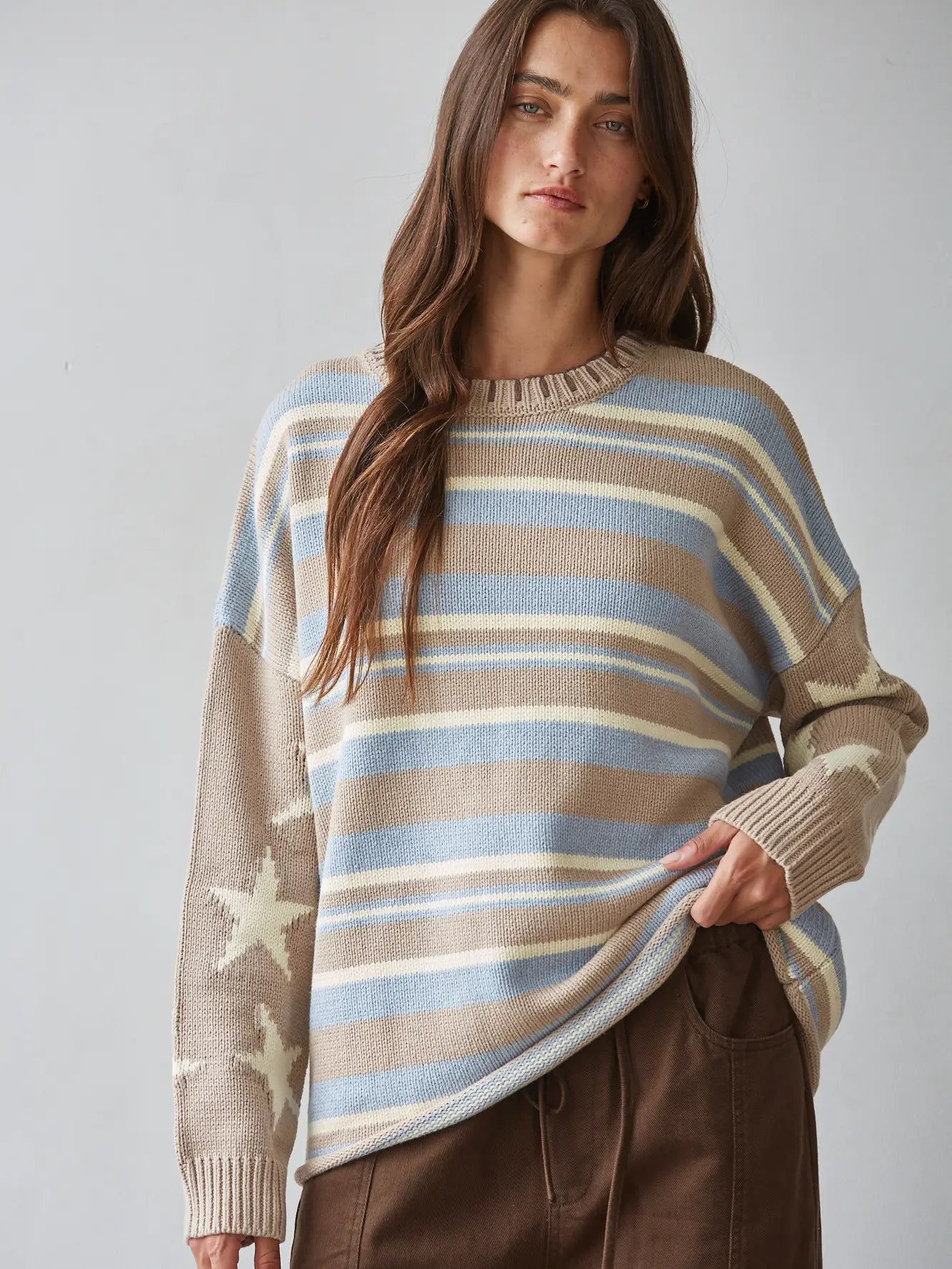 Knit Sweater Striped Pullover with Star Detail